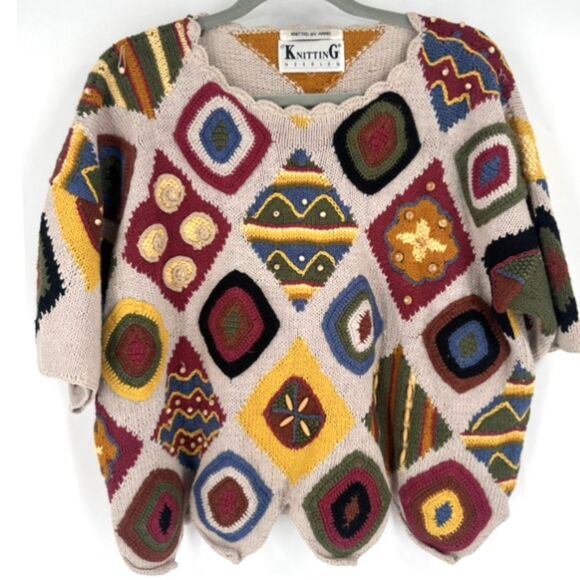 Vintage Knitting Needles Knit Sweater Embellished Geometric Sweater Wacky Sz L - Picture 1 of 9